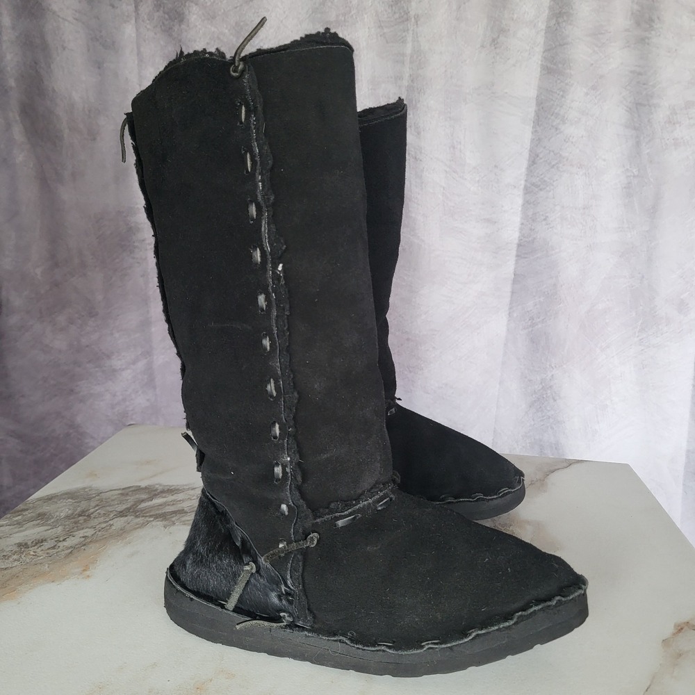 ALDO Size 38 Black Suede Shearling Tall Boots Calf Hair Leather Stitching Womens